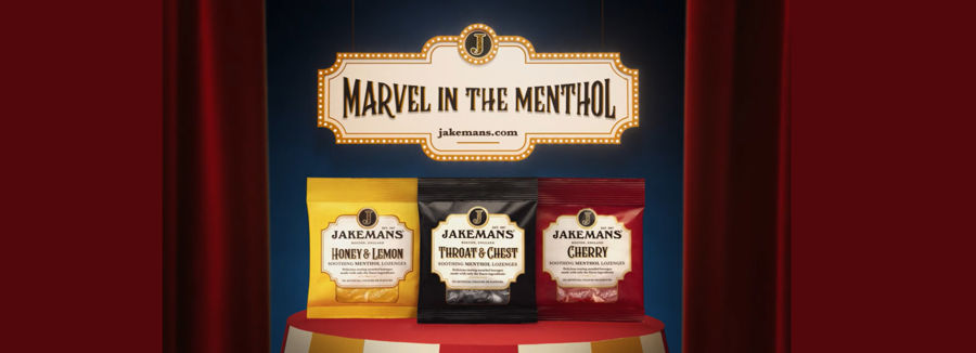 Jakemans TV Advert reading Marvel in the Menthol and showing three packs of throat lozenges