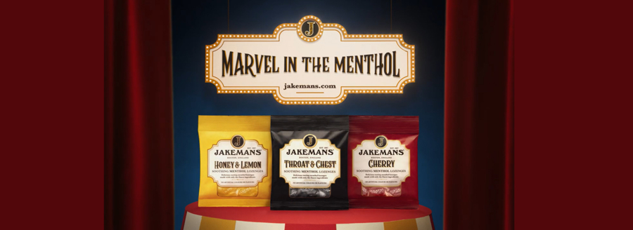 Jakemans TV Advert reading Marvel in the Menthol and showing three packs of throat lozenges