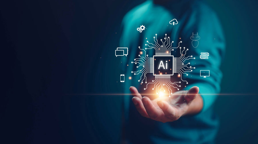 Visualisation of a Person Holding an AI icon connecting their digital services in the palm pf their hand