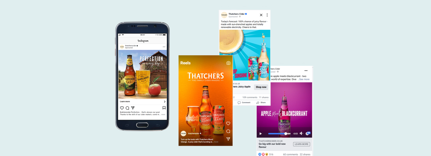 Selection of social media adverts displayed on mobile phone screens.