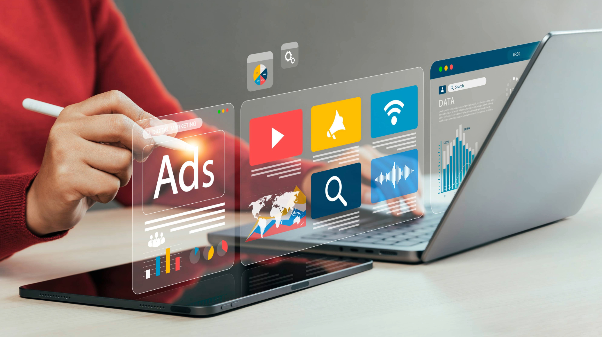 Person Scrolling Through Digital Media Ads on a Laptop and a Tablet