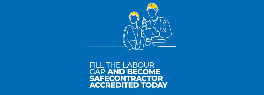 Alcumus Icon With Two Workmen Looking At Plans. Text reads: Fill the labour gap and become safecontractor accredited today.